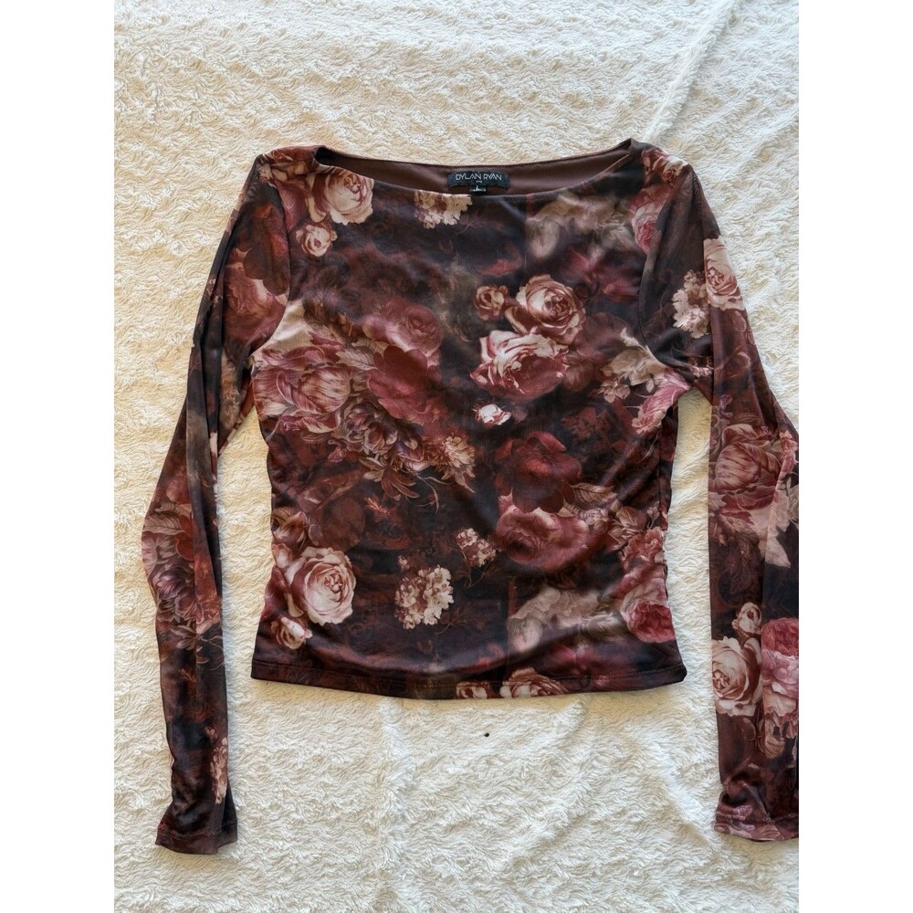 Dylan Ryan Brown Pink Floral Mesh Boat Neck Pullover Long Sleeve Blouse Size L